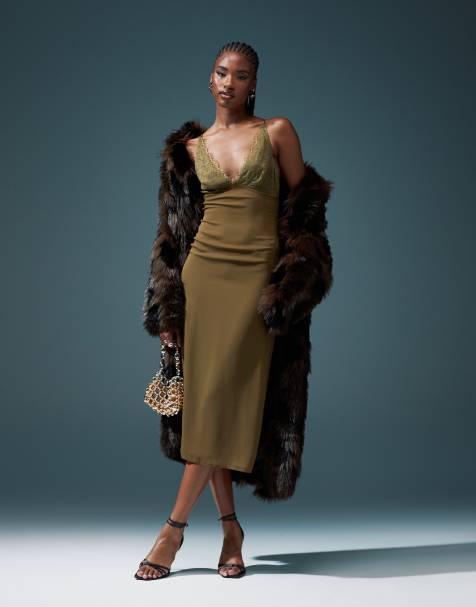  ASOS DESIGN lace cami midi dress in khaki  - view 1