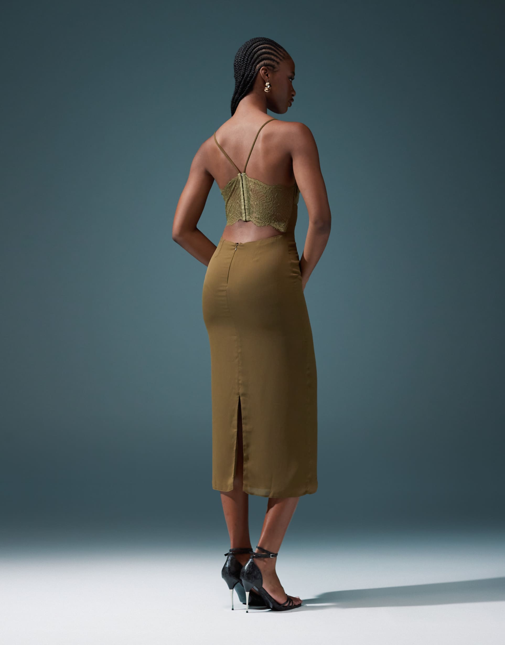 asos design lace cami midi dress in khaki