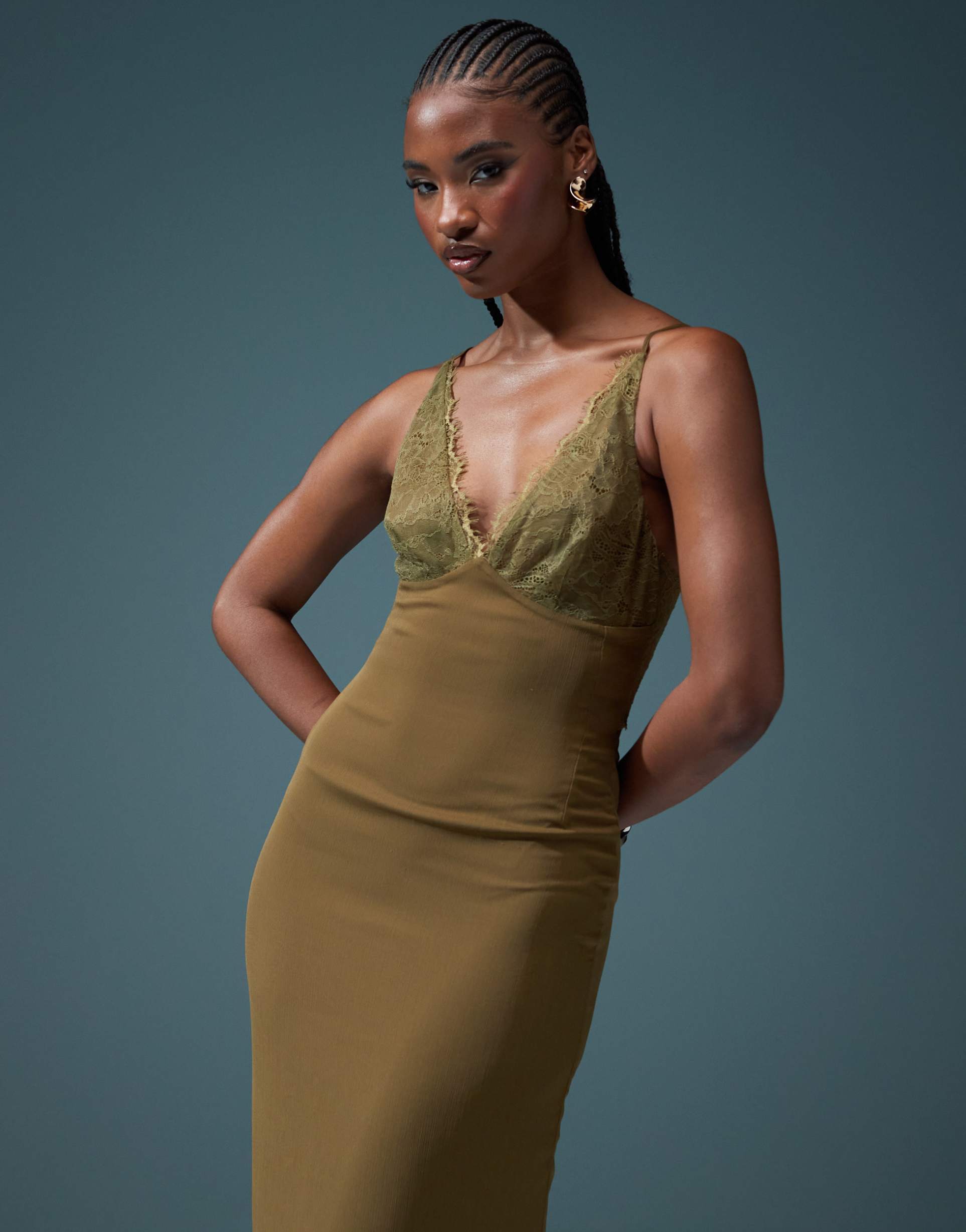 asos design lace cami midi dress in khaki