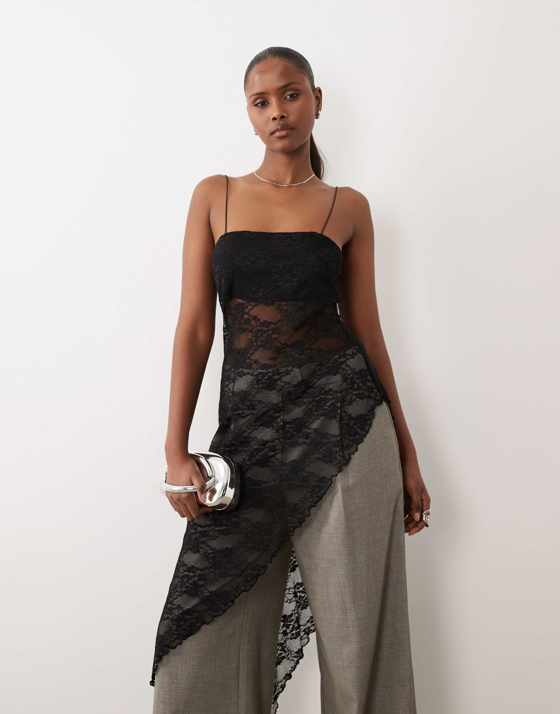 asos design lace cami top with asymmetric hem in black