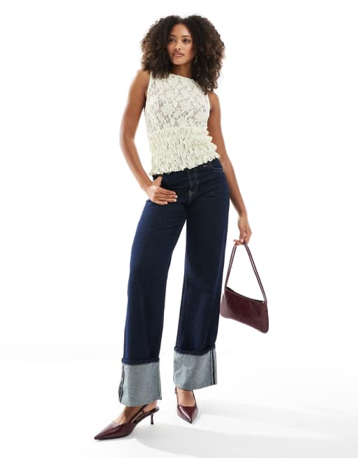 ASOS DESIGN lace cap sleeve shirred top with frill detail in lemon, 2 of 4