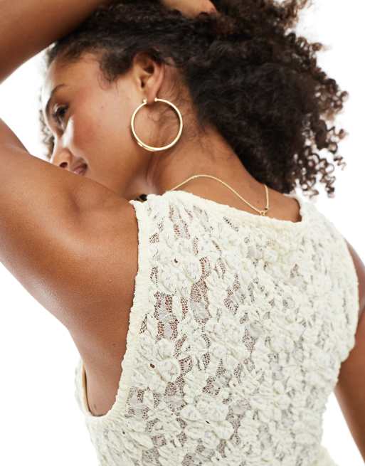 ASOS DESIGN lace cap sleeve shirred top with frill detail in lemon, 3 of 4
