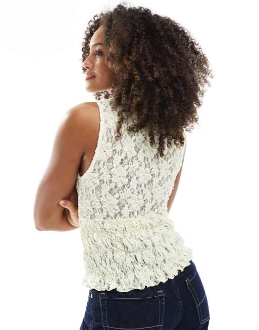 ASOS DESIGN lace cap sleeve shirred top with frill detail in lemon, 4 of 4