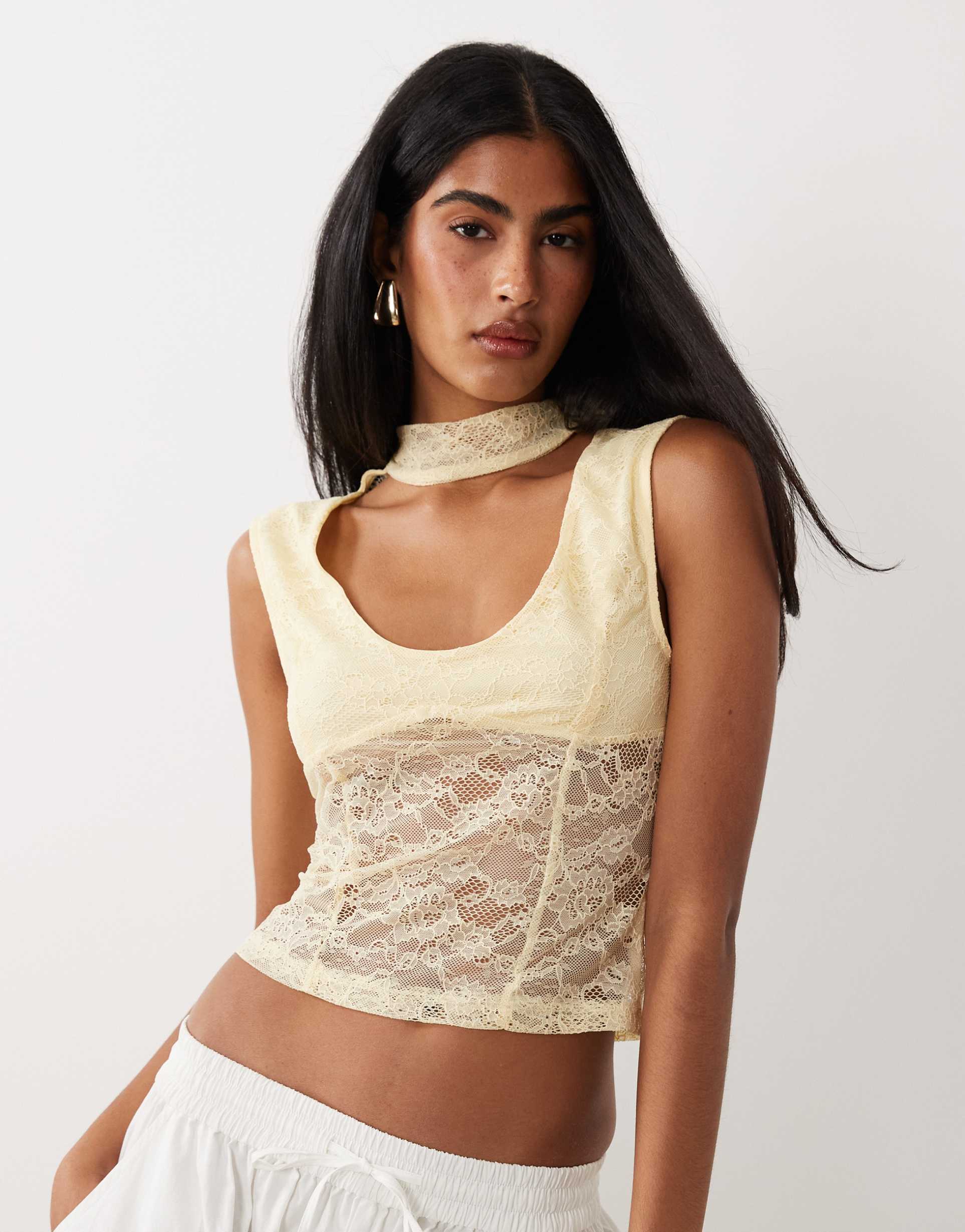 asos design lace cap sleeve top with neck detail in lemon