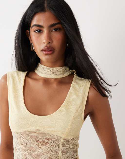 ASOS DESIGN lace cap sleeve top with neck detail in lemon, 2 of 4