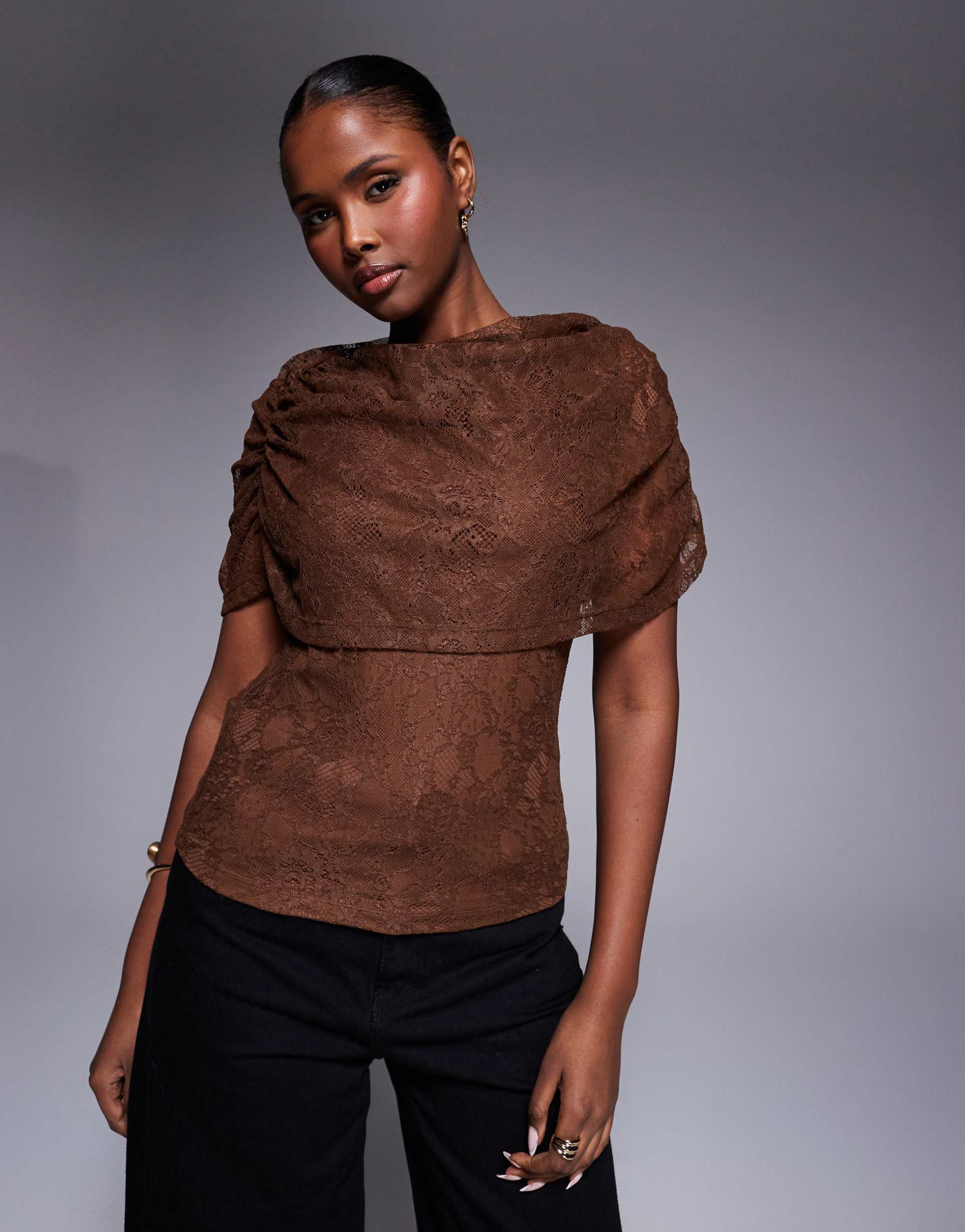 asos design lace cape overlay top in brown