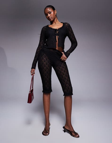 ASOS DESIGN lace capri pants with ruffle edge in black - part of a set - view 1