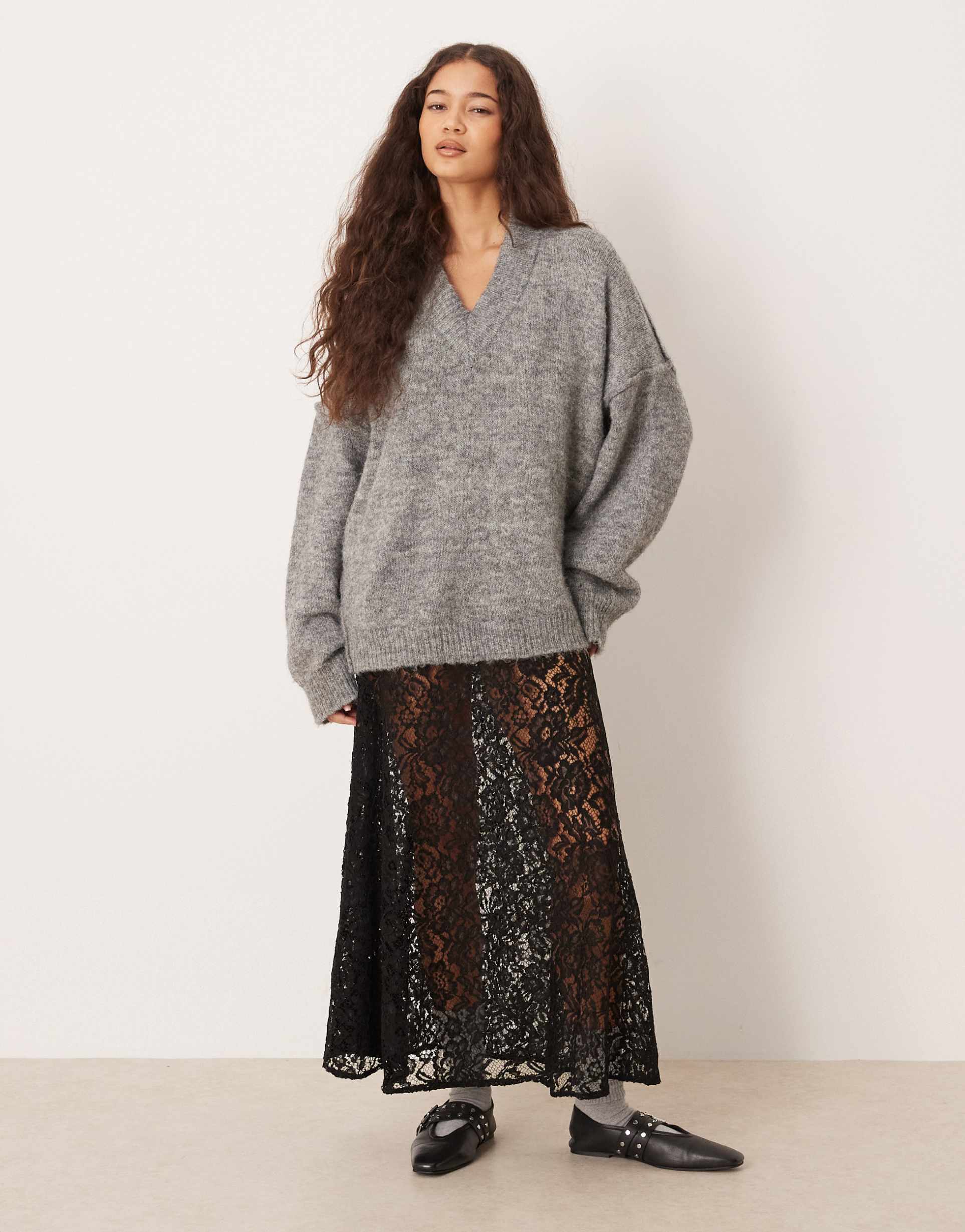 asos design lace circle maxi skirt in black