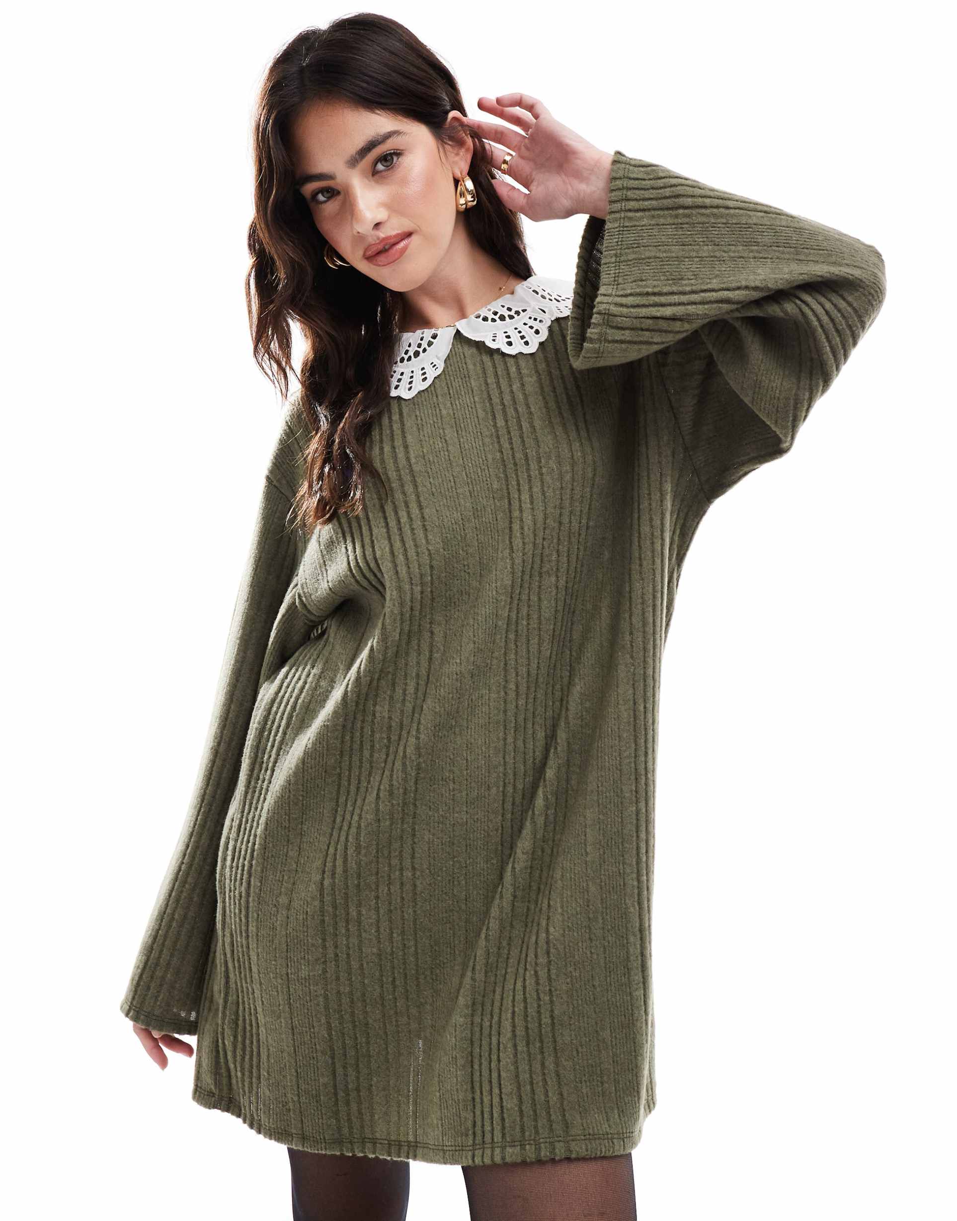 asos design lace collar cozy mini dress in khaki