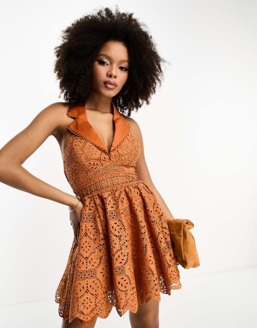 ASOS DESIGN lace collar mini dress with open back detail in rust