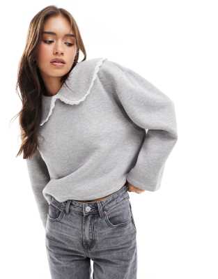 Asos Design Lace Collar Sweat In Light Gray Heather