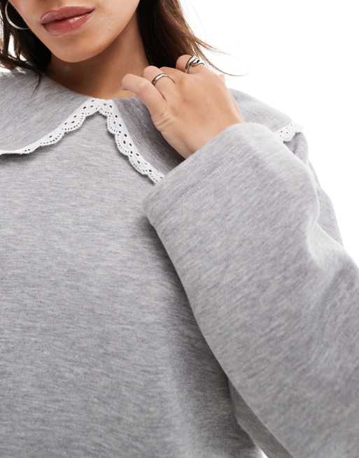 ASOS DESIGN lace collar sweat in light gray heather