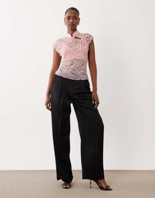 ASOS DESIGN lace collared top with skinny ties in dusty pink, 2 of 4