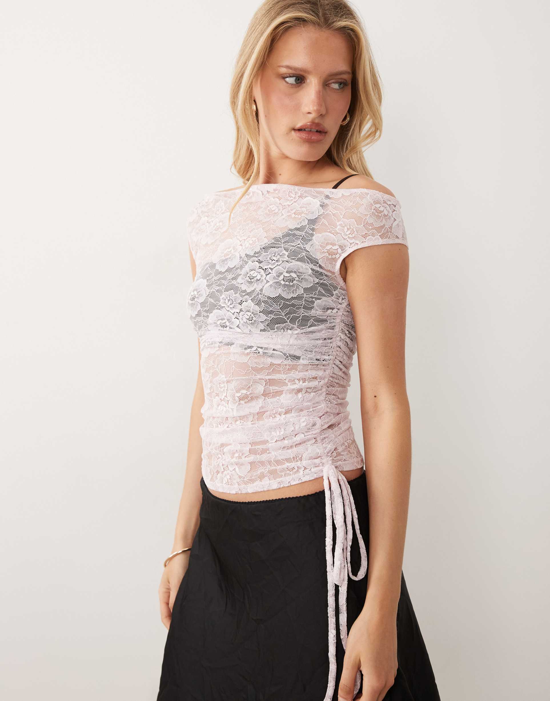 asos design lace color block off shoulder top in pink and brown - part of a set