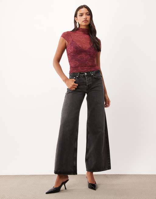 ASOS DESIGN lace colour block cap sleeve top in plum, 2 of 4