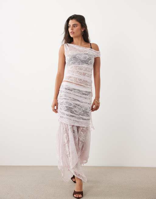 ASOS DESIGN lace colour block off shoulder top co-ord in pink and brown, 2 of 4