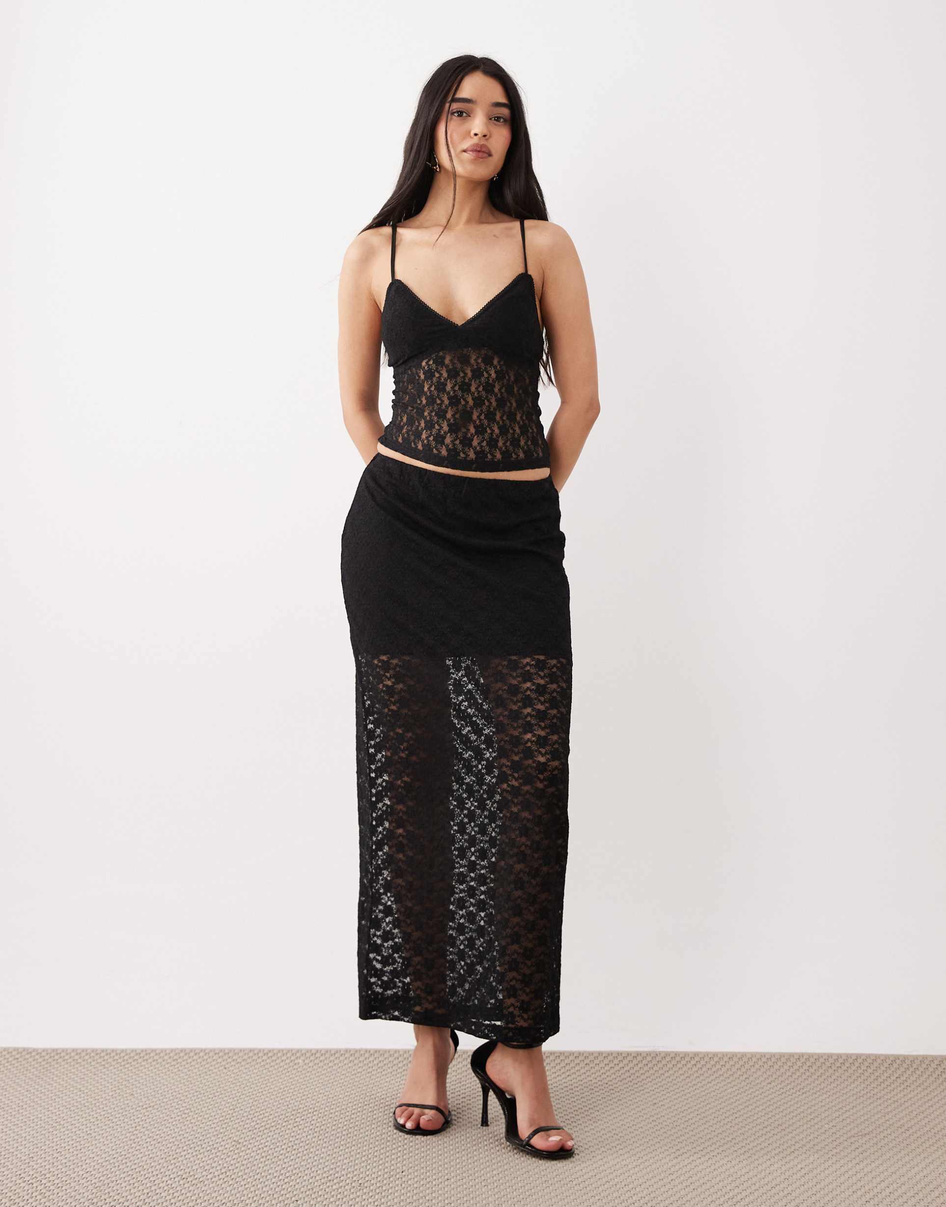 asos design lace column maxi skirt in black