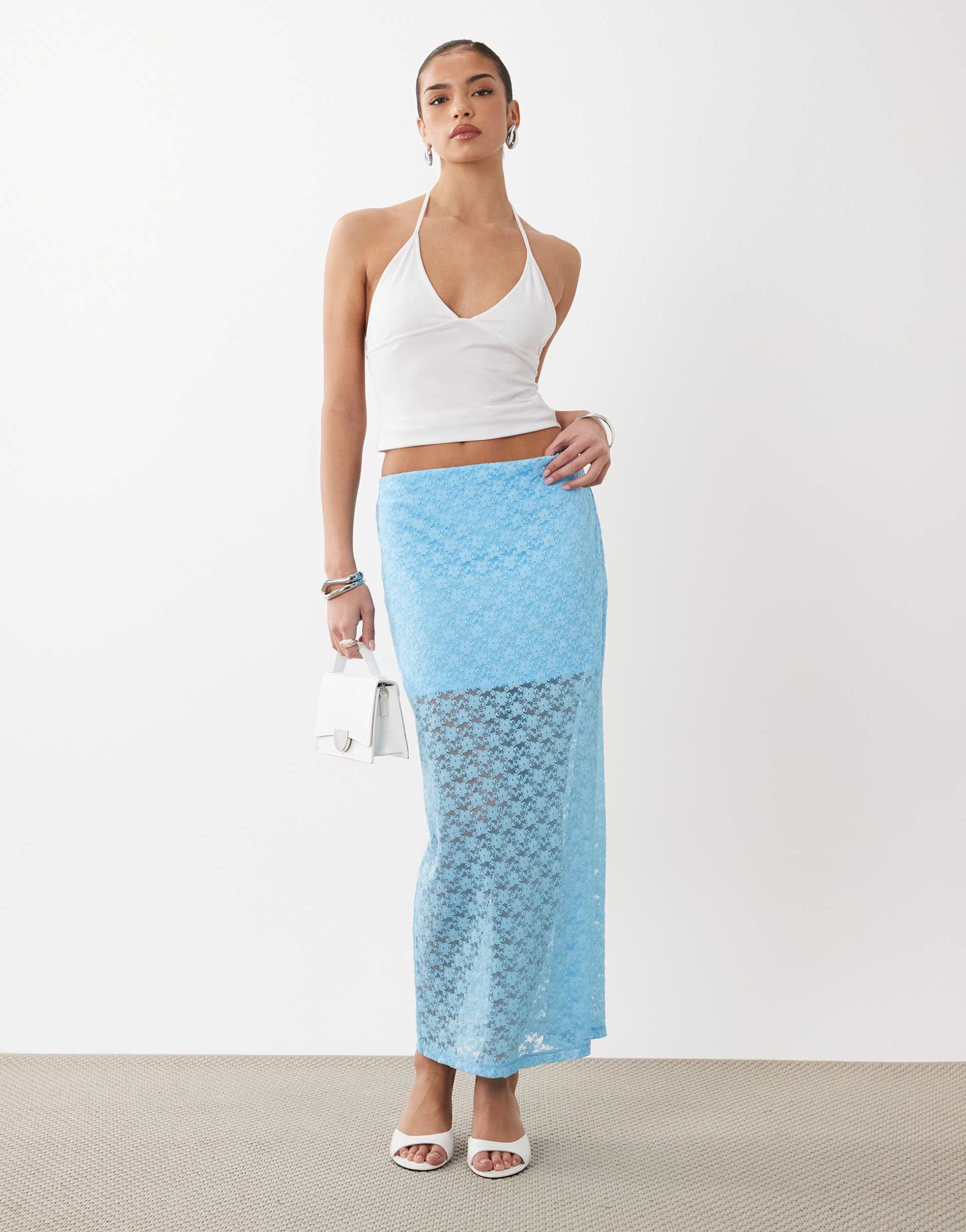 asos design lace column maxi skirt in blue