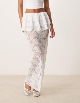Asos Design Lace Column Maxi Skirt With Ruffle Waist In White