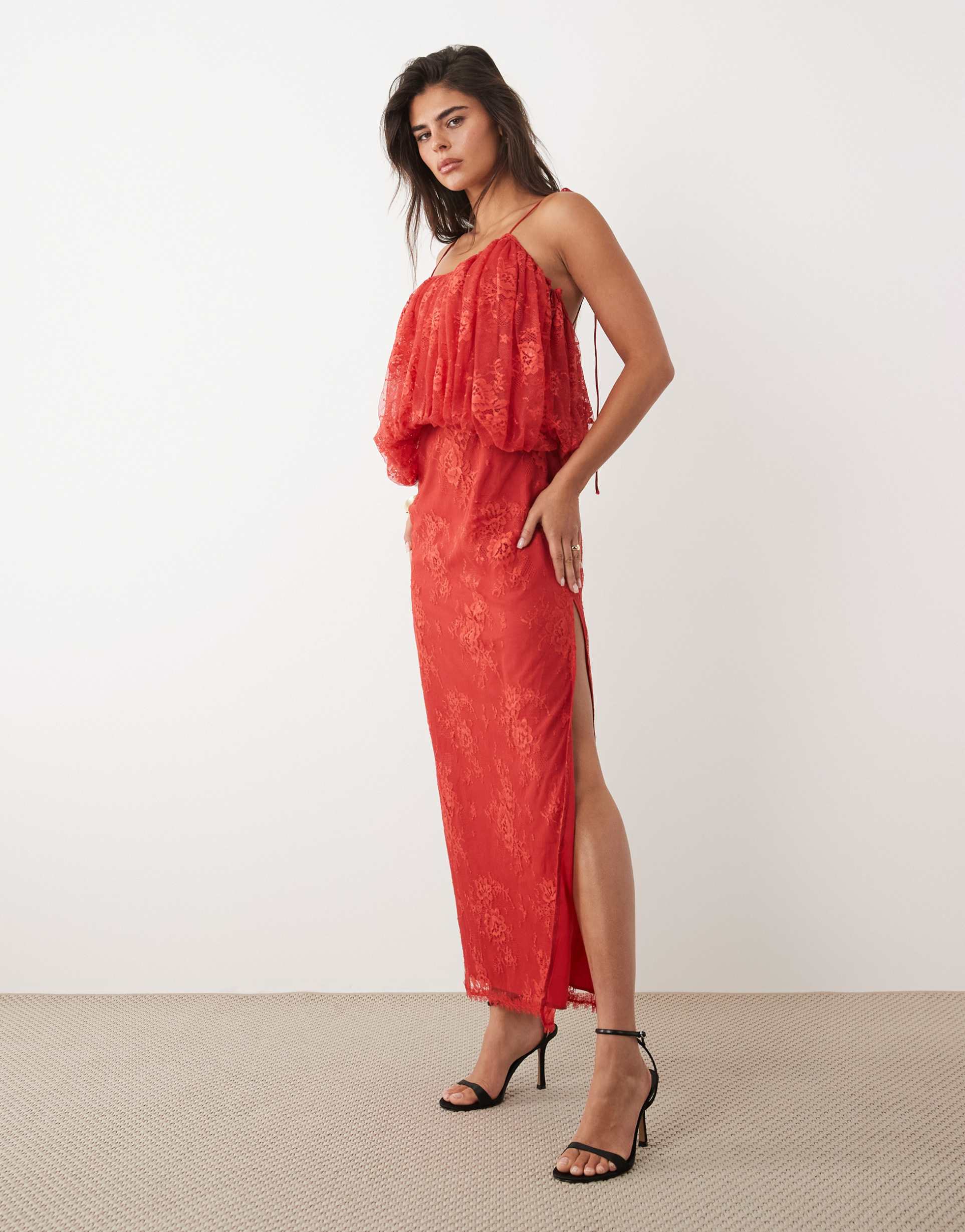 asos design lace column midaxi dress with bubble tier bodice in deep red