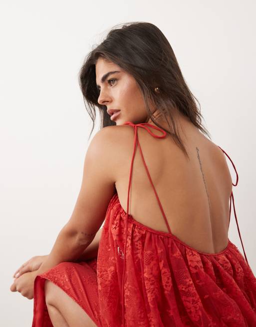 ASOS DESIGN lace column midaxi dress with bubble tier bodice in deep red, 3 of 4