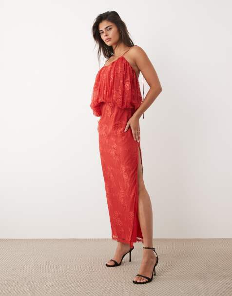 ASOS DESIGN lace column midaxi dress with bubble tier in deep red - view 1