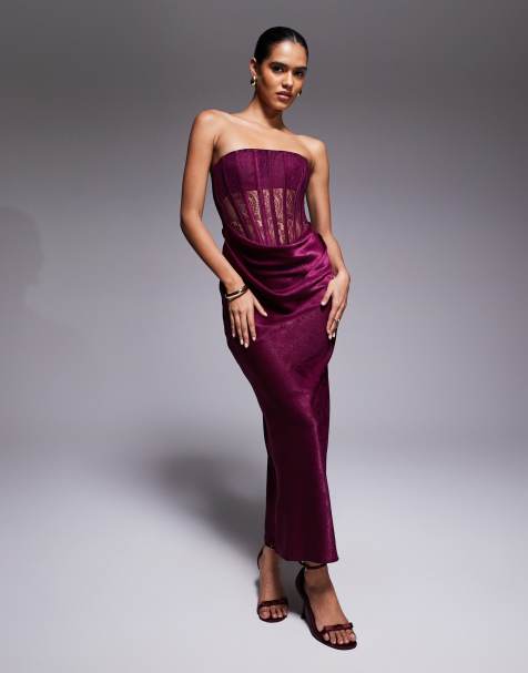 ASOS DESIGN lace corset detail maxi dress with satin draped skirt in mulberry - view 1