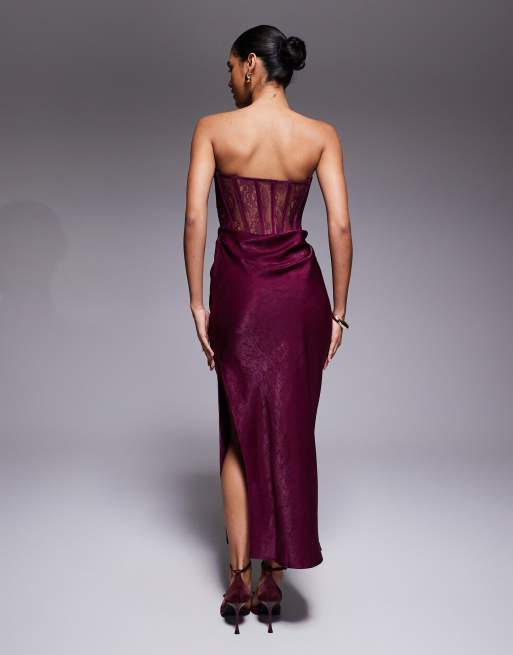 ASOS DESIGN lace corset detail maxi dress with satin draped skirt in  mulberry | ASOS