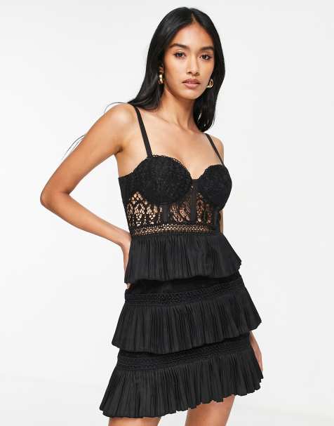 ASOS DESIGN lace corset mini dress with tiered pleated skirt in black