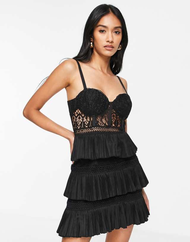 ASOS DESIGN lace corset mini dress with tiered pleated skirt in black