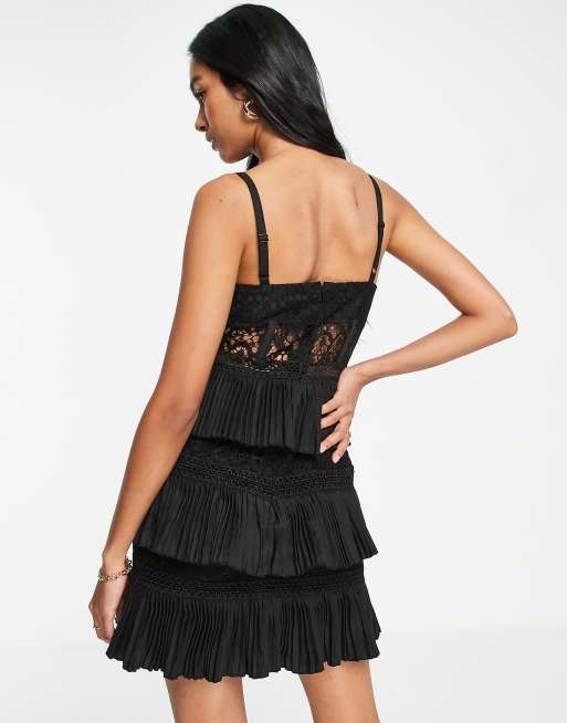 ASOS DESIGN lace corset mini dress with tiered pleated skirt in black