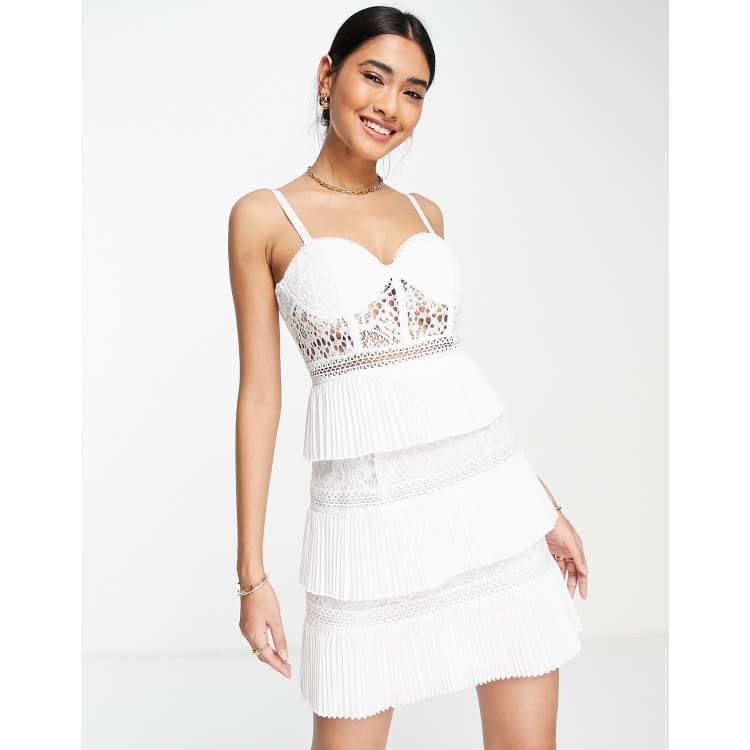 ASOS DESIGN lace corset mini dress with tiered pleated skirt in