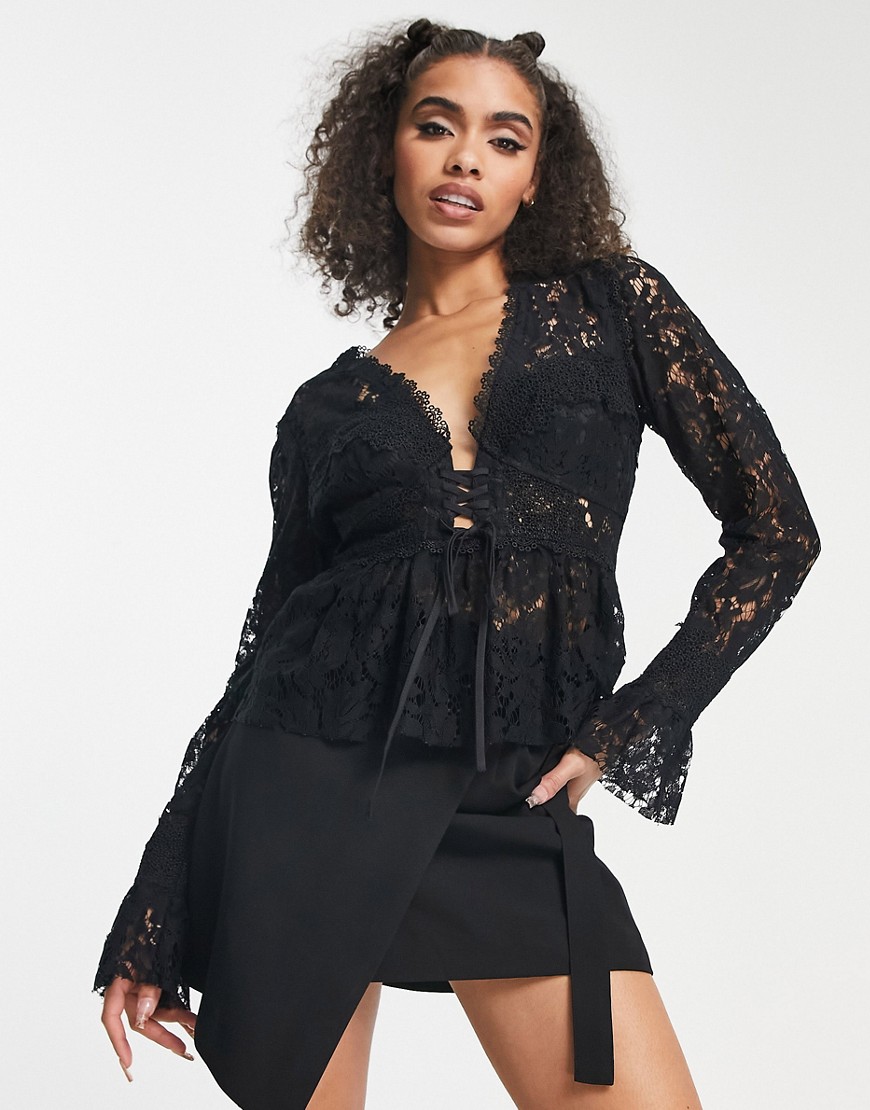 ASOS DESIGN lace corset top with long sleeve & lace up detail in black