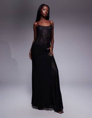 ASOS DESIGN lace corseted maxi dress with full panelled skirt in black ...