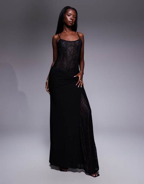 ASOS DESIGN lace corseted maxi dress with full panelled skirt in black - view 1