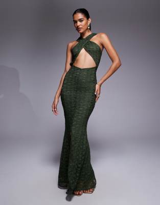 Asos Design Lace Cross Front Halter Maxi Dress With Center Cut-out In Green