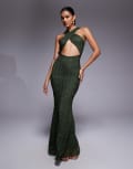 [ASOS DESIGN] ASOS DESIGN lace cross front halter maxi dress with central cut out in khaki-Green 12 Khaki