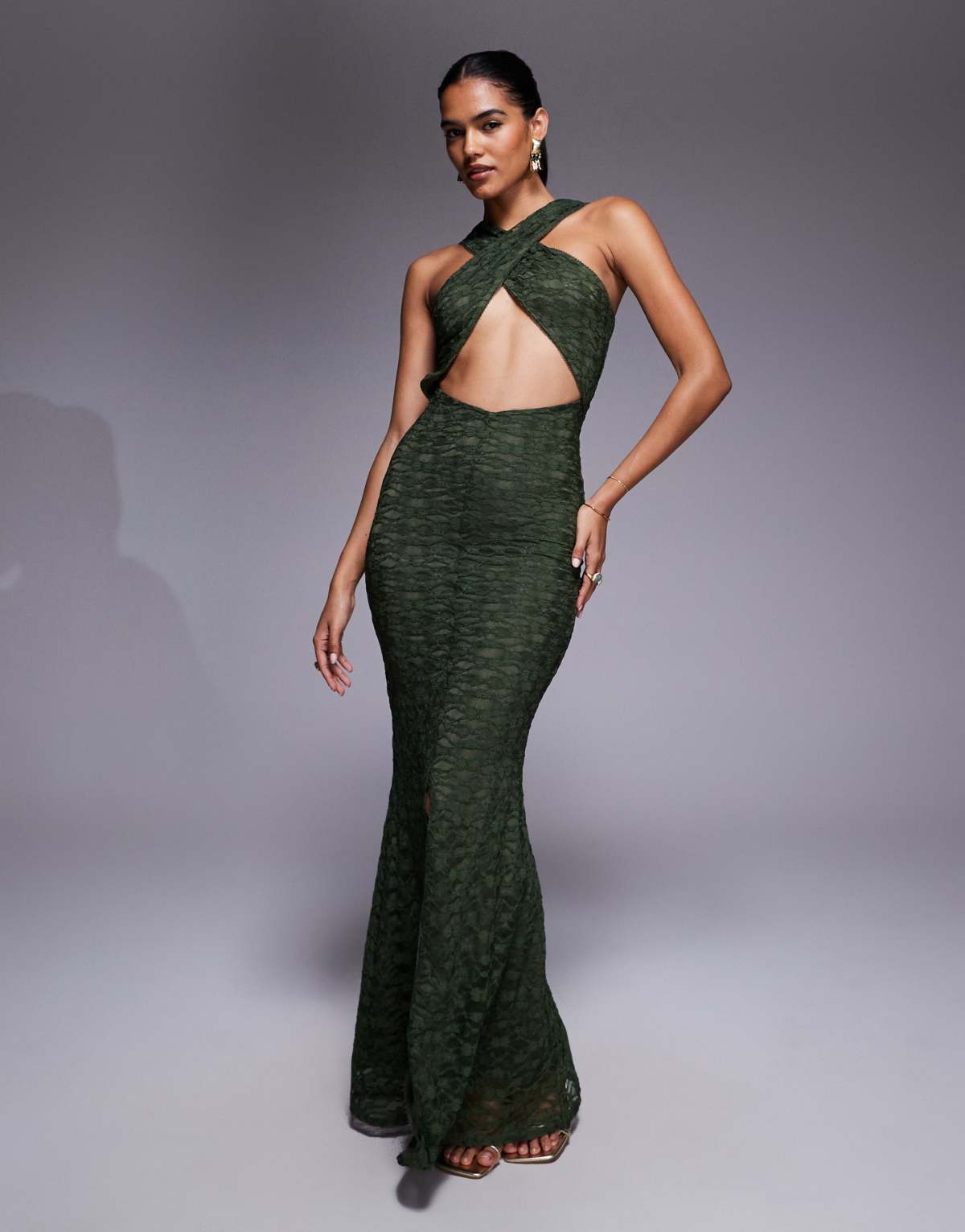 ASOS DESIGN lace cross front halter maxi dress with central cut out in khaki