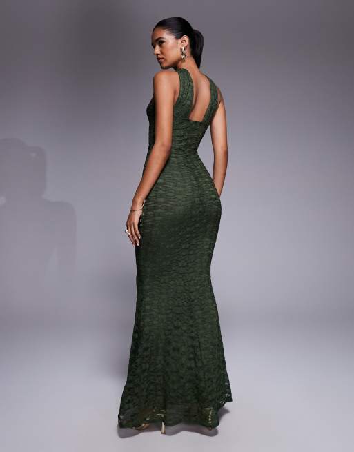 ASOS DESIGN lace cross front halter maxi dress with central cut out in khaki, 2 of 4