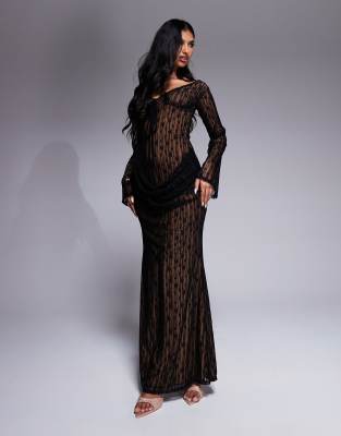 Asos Design Lace Cup Detail Long Sleeve Bardot Maxi Dress In Black