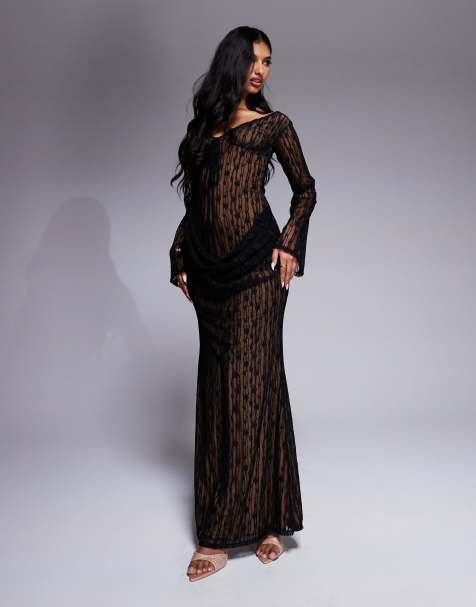 ASOS DESIGN lace cup detail long sleeve bardot maxi dress in black - view 1