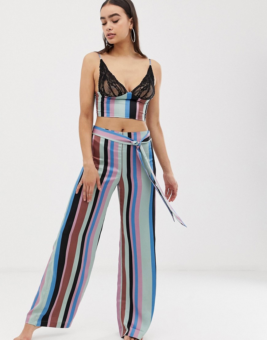 ASOS DESIGN lace cupped striped satin cami and wide leg trouser-Multi