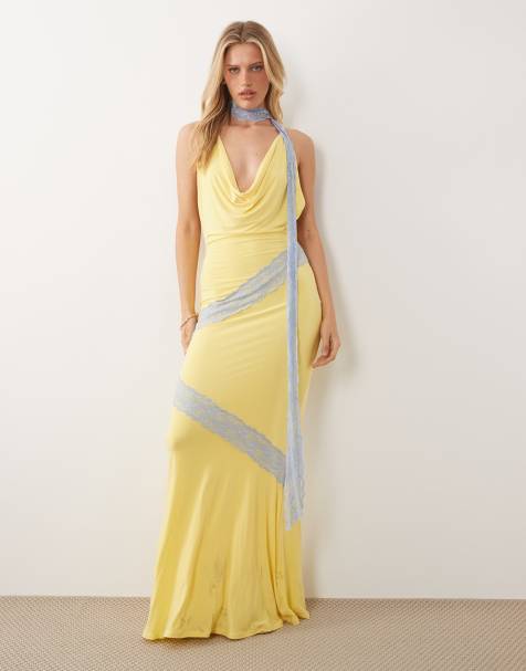 ASOS DESIGN lace cut about slinky maxi dress with scarf detail in lemon - view 1