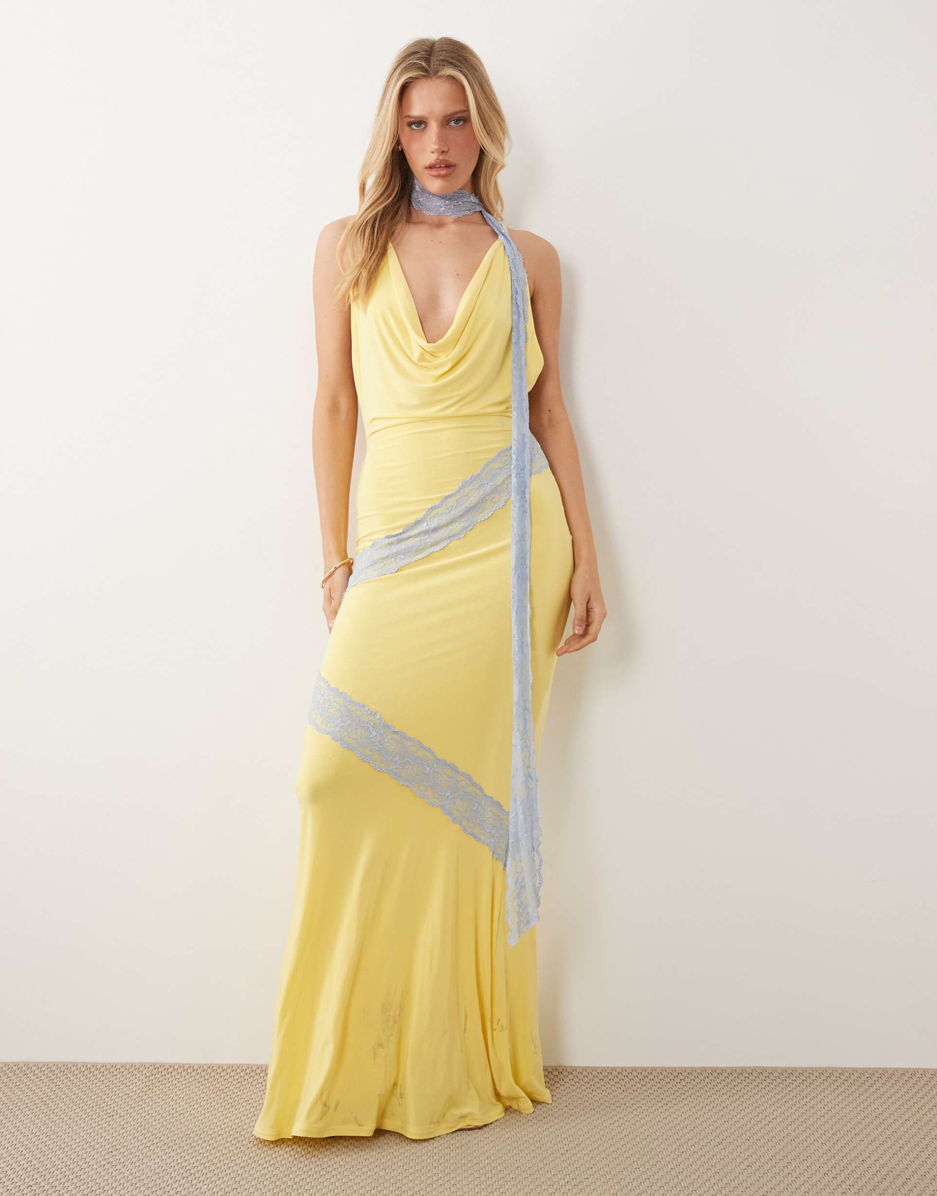 asos design lace cut about slinky maxi dress with scarf detail in lemon