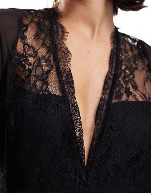 ASOS DESIGN lace cut out chiffon mix bias maxi dress in black, 2 of 4