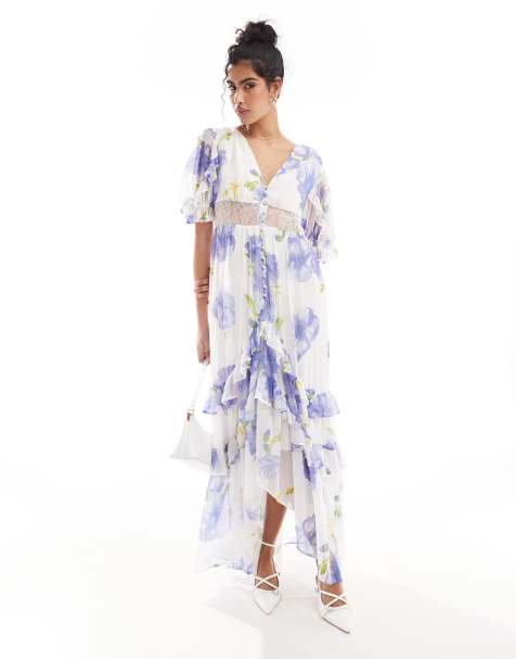 ASOS DESIGN lace cut out dress button through ruffle hem midi dress in blue and white floral - view 1