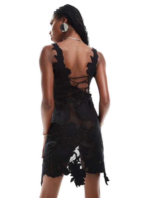 ASOS DESIGN lace cutwork embroidered mini dress in black