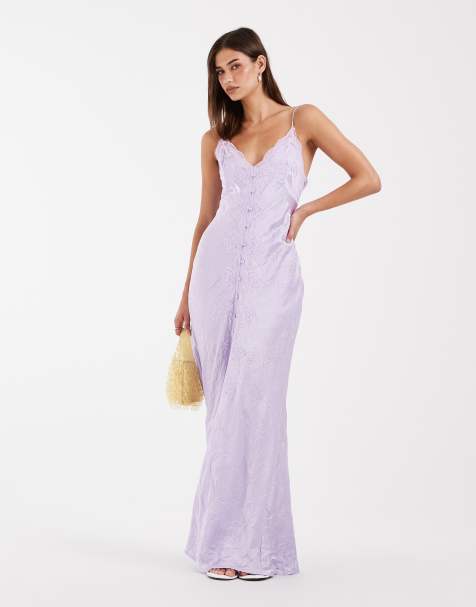 ASOS DESIGN lace detail button down front slip maxi dress in lilac - view 1