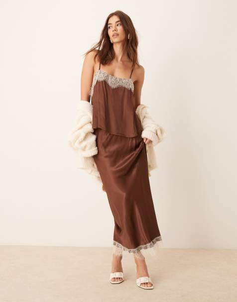 ASOS DESIGN lace detail cami top co-ord in brown - view 1