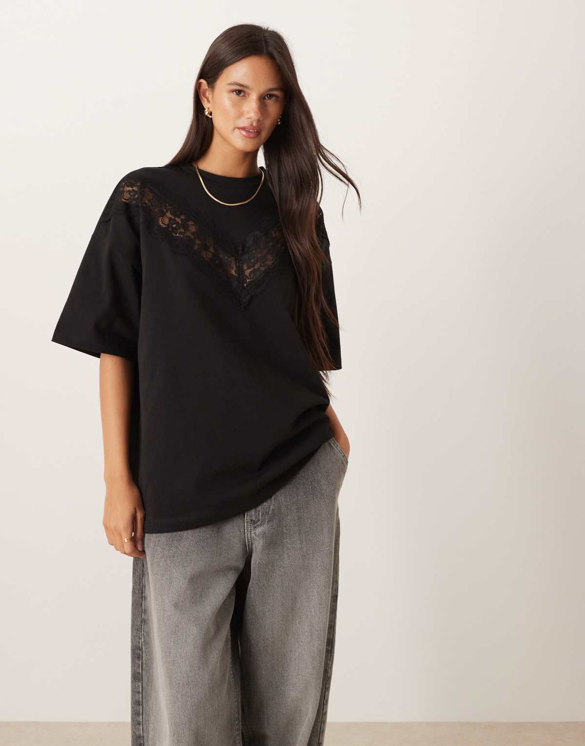 ASOS DESIGN lace detail long line heavyweight tee in black
